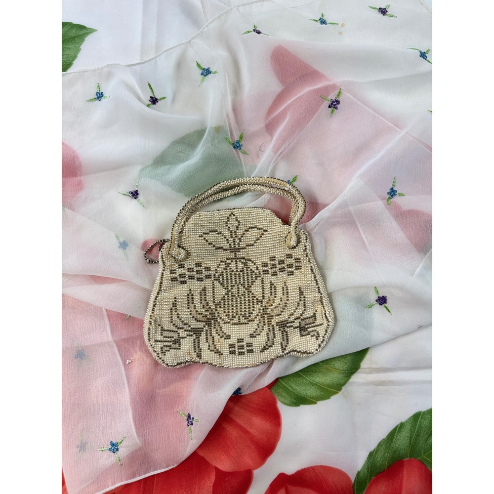 Vintage‎ Czechoslovakia Micro Beaded Coin Purse Cream Bronze Floral Evening Bag - Picture 3 of 8